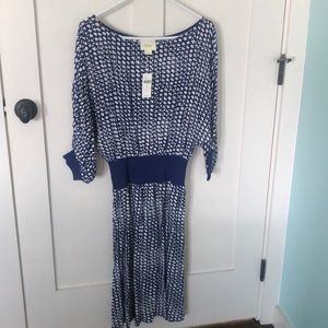 Maeve blue and white dress with cinched waist